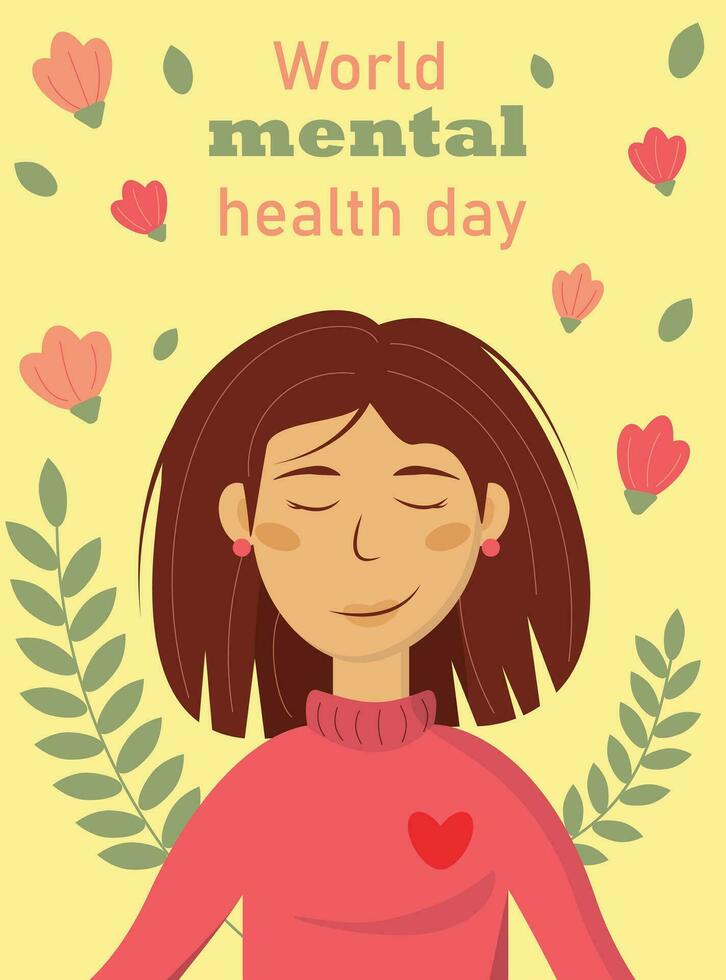 World mental health day, girl in pink sweater, calm, vector illustration