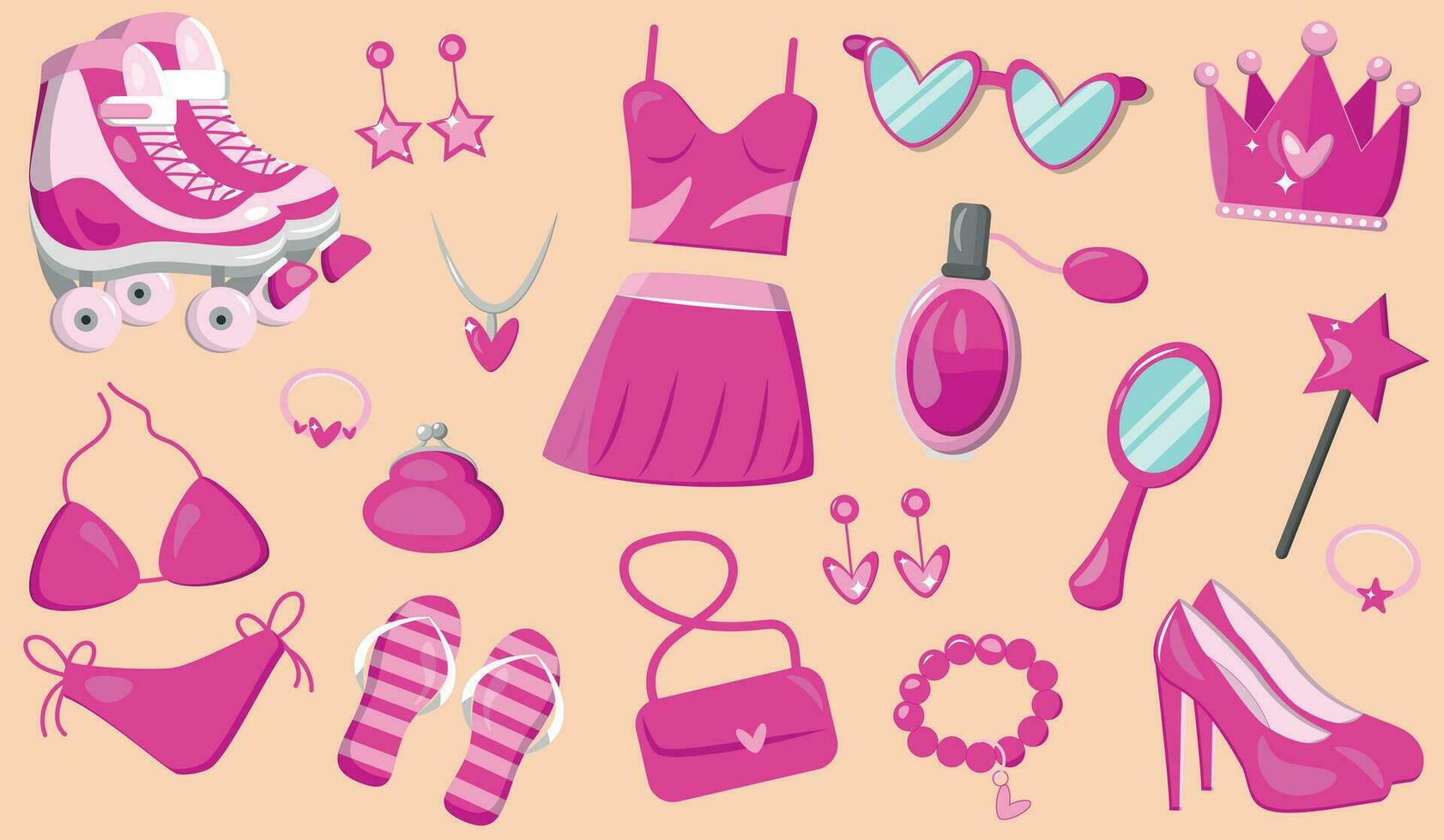 Pink set of clothes and accessories for girls, isolated objects vector