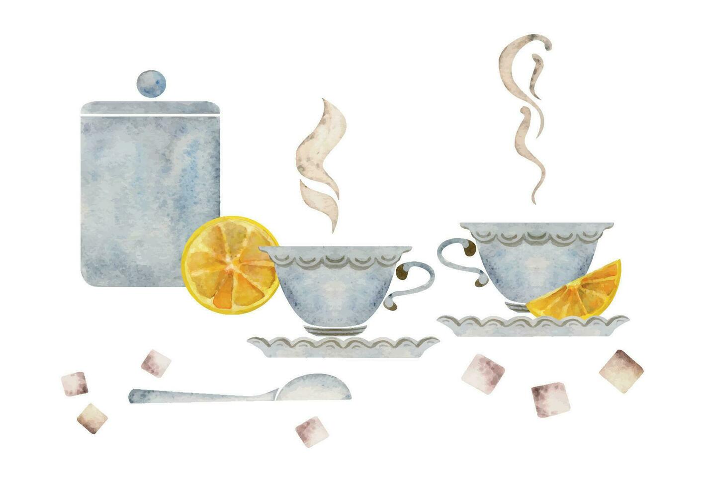 Watercolor hand drawn illustration Porcelain tea cups, storage jar, crockery, sugar cubes lemon slices. Isolated on white background. For invitations, cafe, restaurant food menu, print, website, cards vector