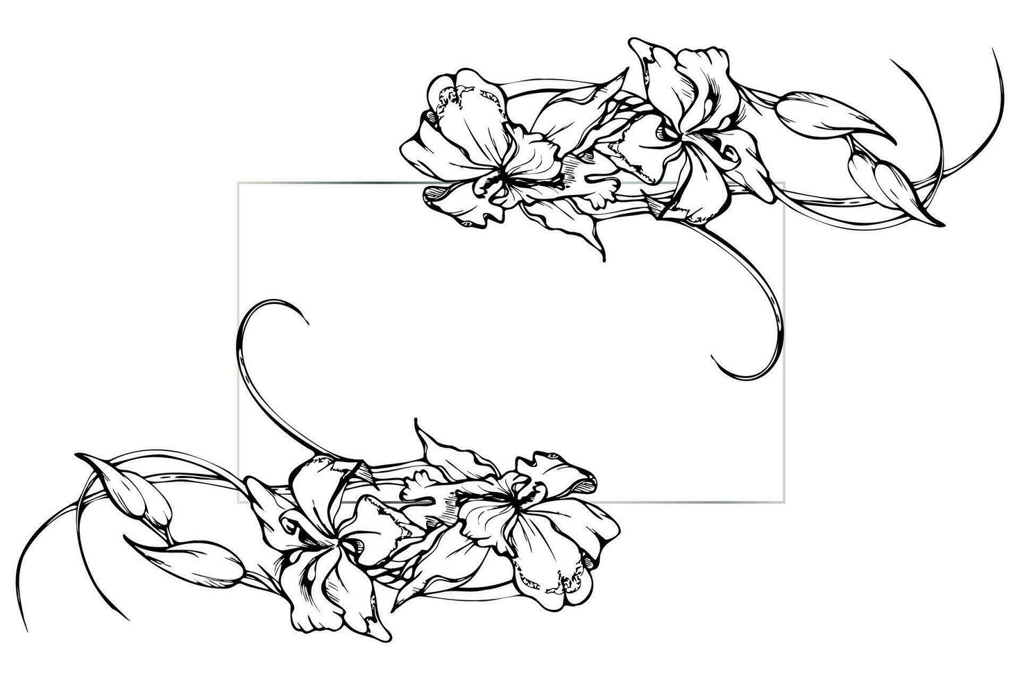 Hand drawn vector ink orchid flowers and branches, monochrome, detailed outline. Horizontal frame composition. Isolated on white background. Design for wall art, wedding, print, tattoo, cover, card.