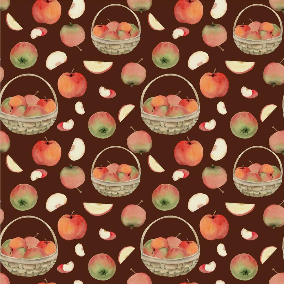 mano dibujado acuarela manzana frutas en cesta, maduro, lleno y rebanadas rojo y verde. sin costura modelo. aislado objeto en color antecedentes. diseño para pared arte, boda, imprimir, tela, cubrir, tarjeta. vector