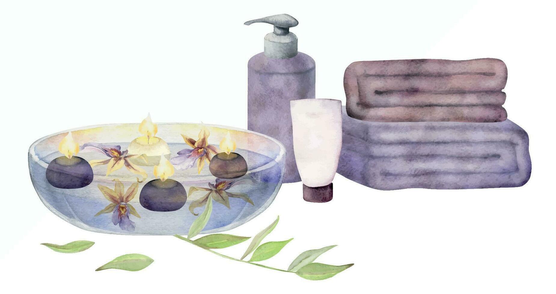 Hand drawn watercolor spa and bath beauty products accessories floating candles. Horizontal composition. Isolated on white background. Design for wellness resort, print, fabric, cover, card, booklet. vector