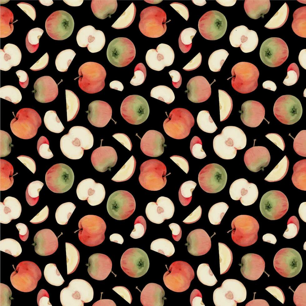 Hand drawn watercolor apple fruits, ripe, full and slices red and green with leaves. Seamless pattern. Isolated object on color background. Design for wall art, wedding, print, fabric, cover, card. vector