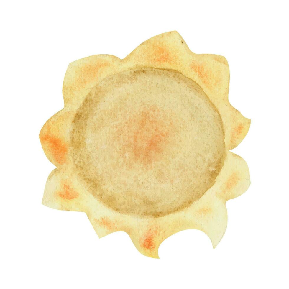 Watercolor hand drawn illustration, magical cosmos universe items, golden yellow cartoon sun with rays. Single object isolated on white background. For kids, children bedroom, fabric, linens print vector