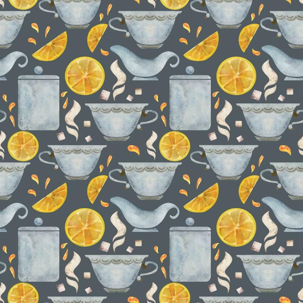 Hand drawn watercolor teaware, tea lemon, dishes crockery porcelain, hot beverage. Seamless pattern isolated on white background. For invitations, cafe, restaurant food menu, print, website, cards vector