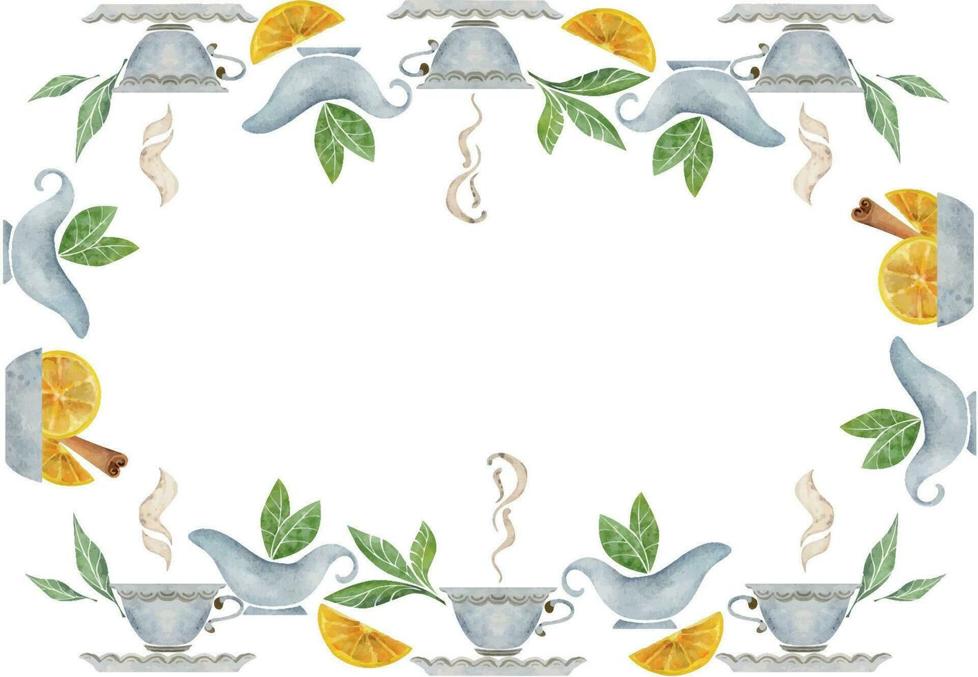 Watercolor hand drawn illustration. Tea pot cups creamer milk jug lemon cinnamon green leaf. Square frame. Isolated on white background. Invitations, cafe, restaurant food menu, print, website, cards vector