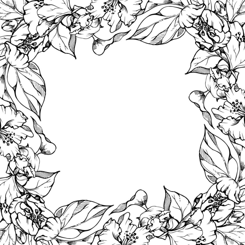 Hand drawn ink apple blossom, white and pink flowers with green leaves. Square frame composition. Isolated object on white background. Design for wall art, wedding, print, fabric, cover, card. vector