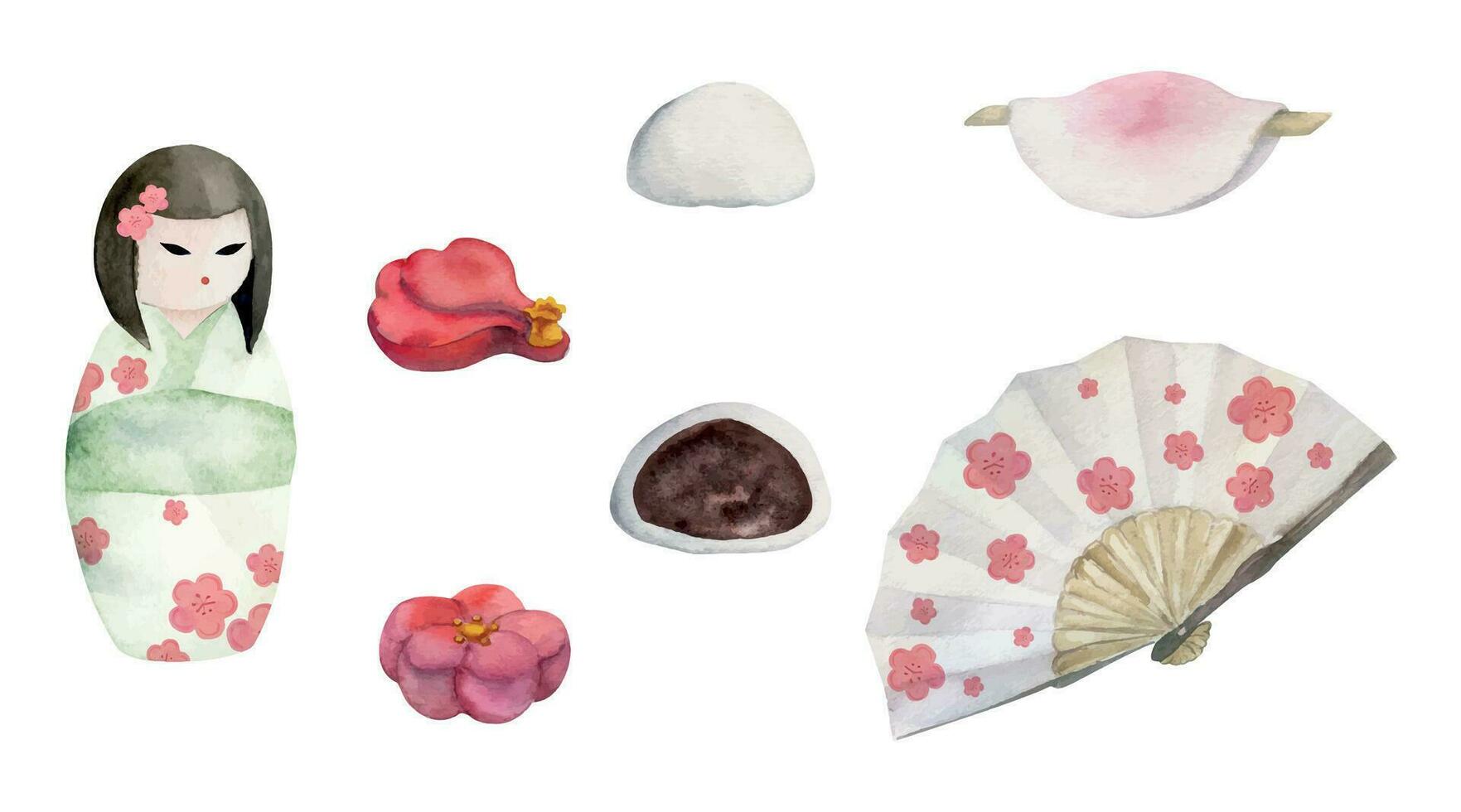 Watercolor hand drawn set of traditional Japanese sweets. Winter wagashi, fans, kokeshi dolls. Isolated on white background. Design for invitations, restaurant menu, greeting cards, print, textile. vector