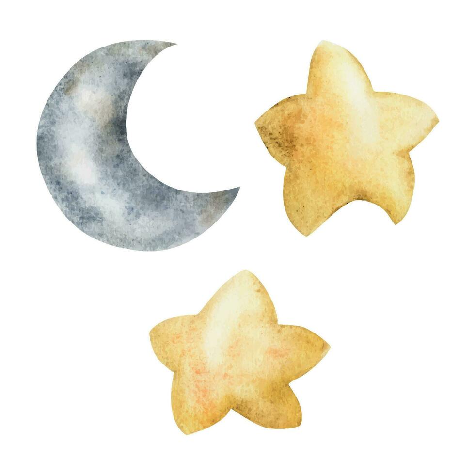 Watercolor hand drawn illustration, magical cosmos universe items, crescent moon and stars. Set of single objects isolated on white background. For kids, children bedroom, fabric, linens print, cards vector