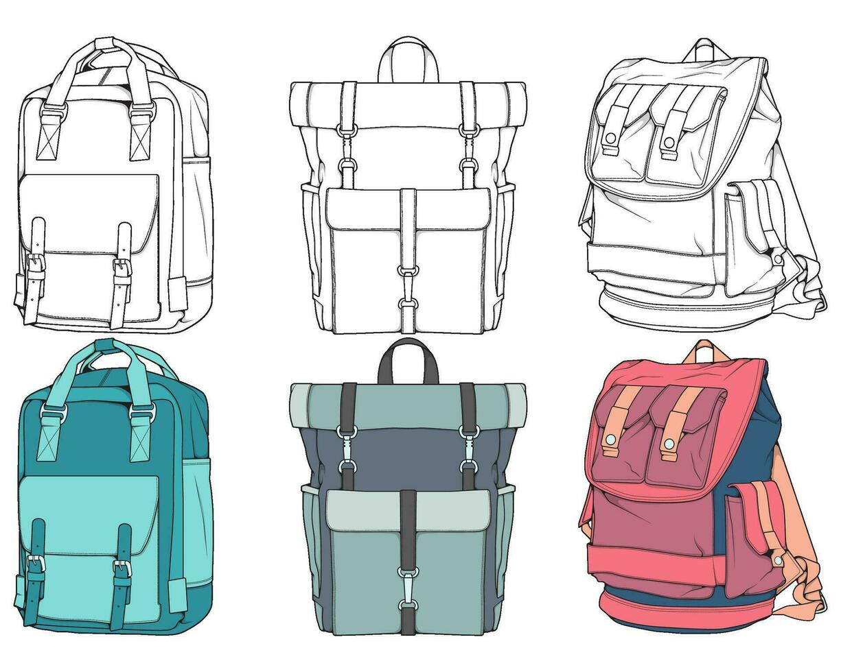 Hand drawn colorfull Vector Set of Backpacks. Cartoon Casual Backpack, cool backpack colorfull. Backpacks Vector illustration.