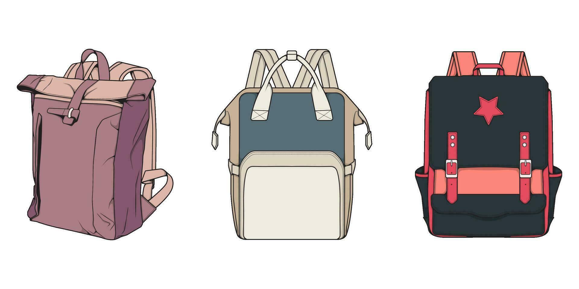 Hand drawn colorfull Vector Set of Backpacks. Cartoon Casual Backpack, cool backpack colorfull. Backpacks Vector illustration.