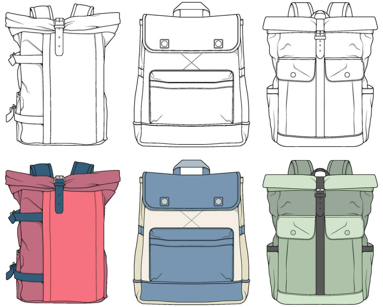 Hand drawn colorfull Vector Set of Backpacks. Cartoon Casual Backpack, cool backpack colorfull. Backpacks Vector illustration.