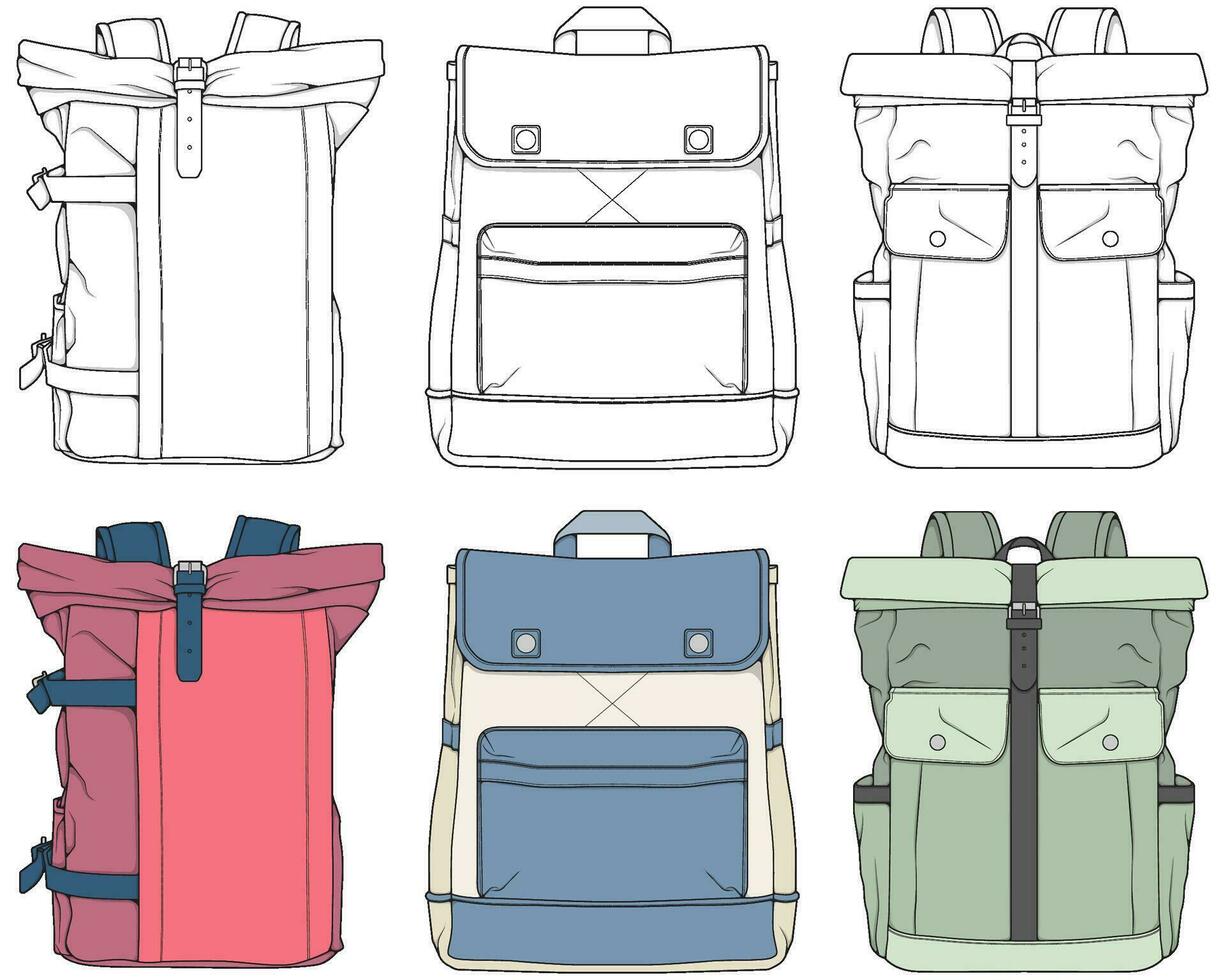 mano dibujado colorido vector conjunto de mochilas dibujos animados casual mochila, frio mochila colorido mochilas vector ilustración.