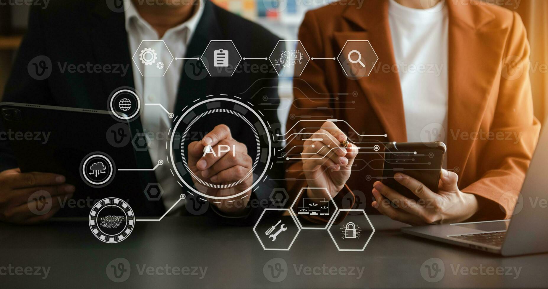 API Application Programming Interface, woman using laptop, tablet and smartphone with virtual screen API icon Software development tool, modern technology concept. photo