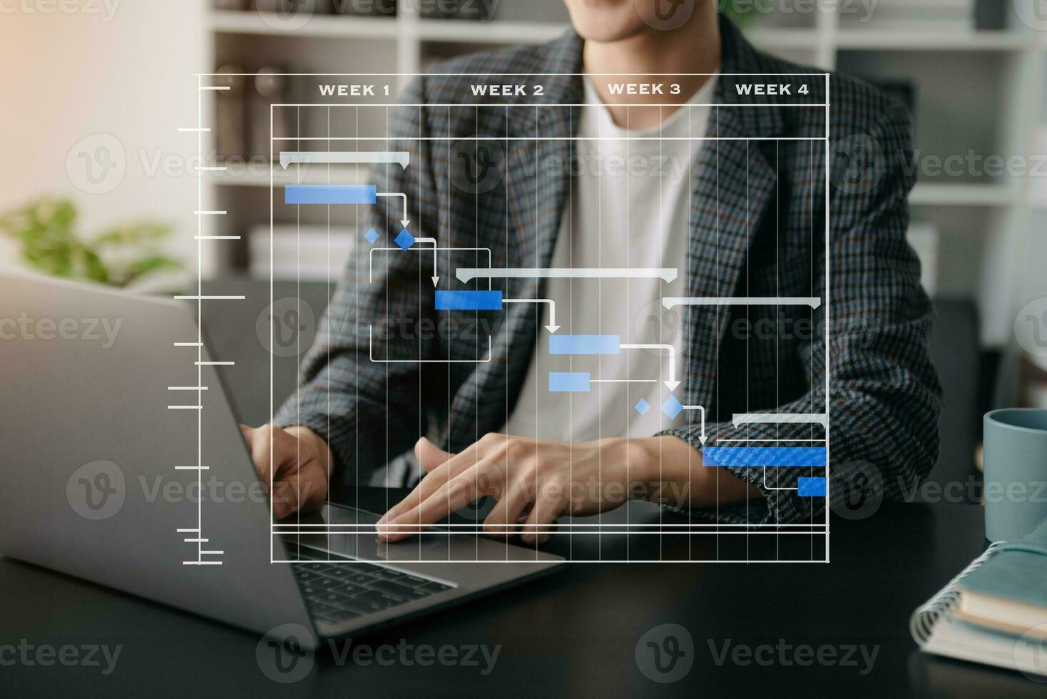 gerente de proyecto trabajando y actualizando tareas con hitos de planificación de progreso y diagrama de programación de diagramas de gantt. negocios que trabajan con teléfonos inteligentes, tabletas y computadoras portátiles foto