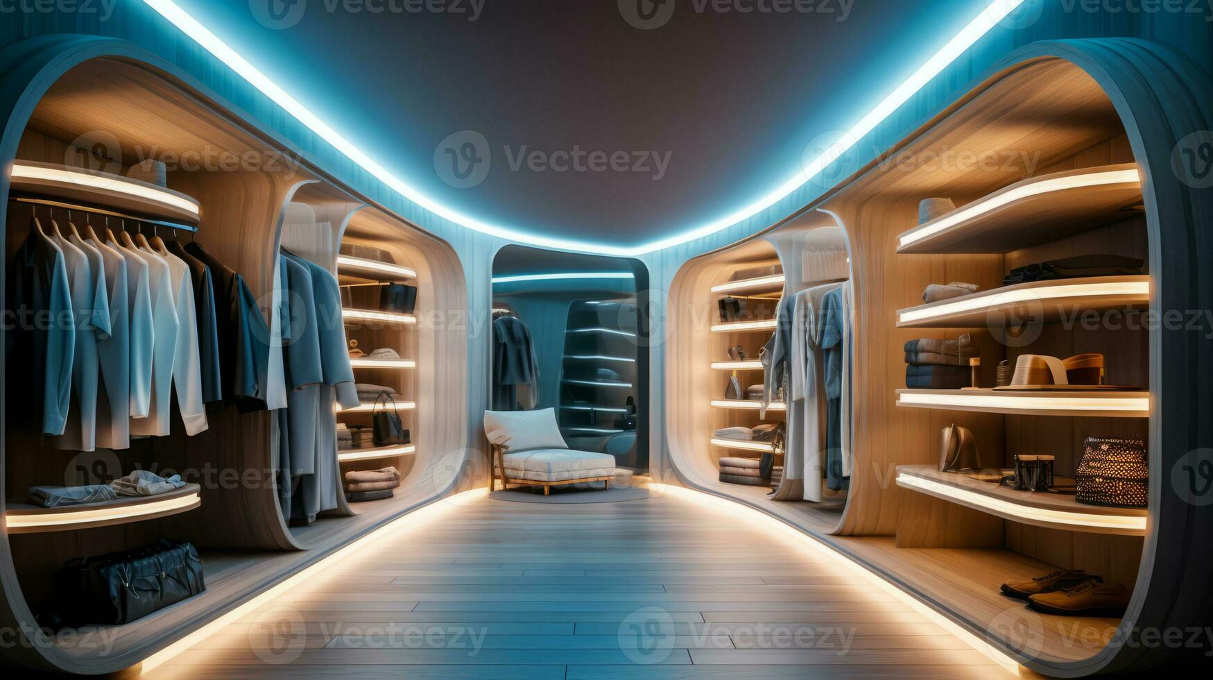 Walk-in Closet of a beautiful futuristic design. AI Generated. photo