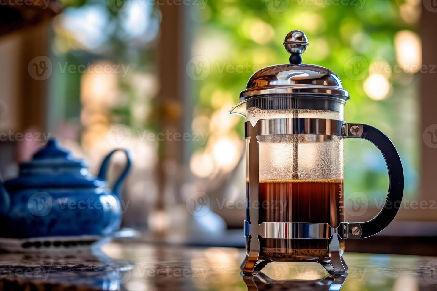 de cerca francés prensa, café. ai generado. foto