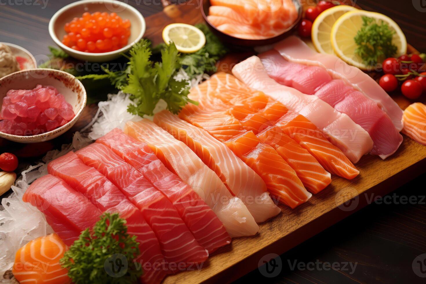 Close-up top view of ingredients Sashimi SET, Salmon, Tuna, Japanese food. AI Generated. photo