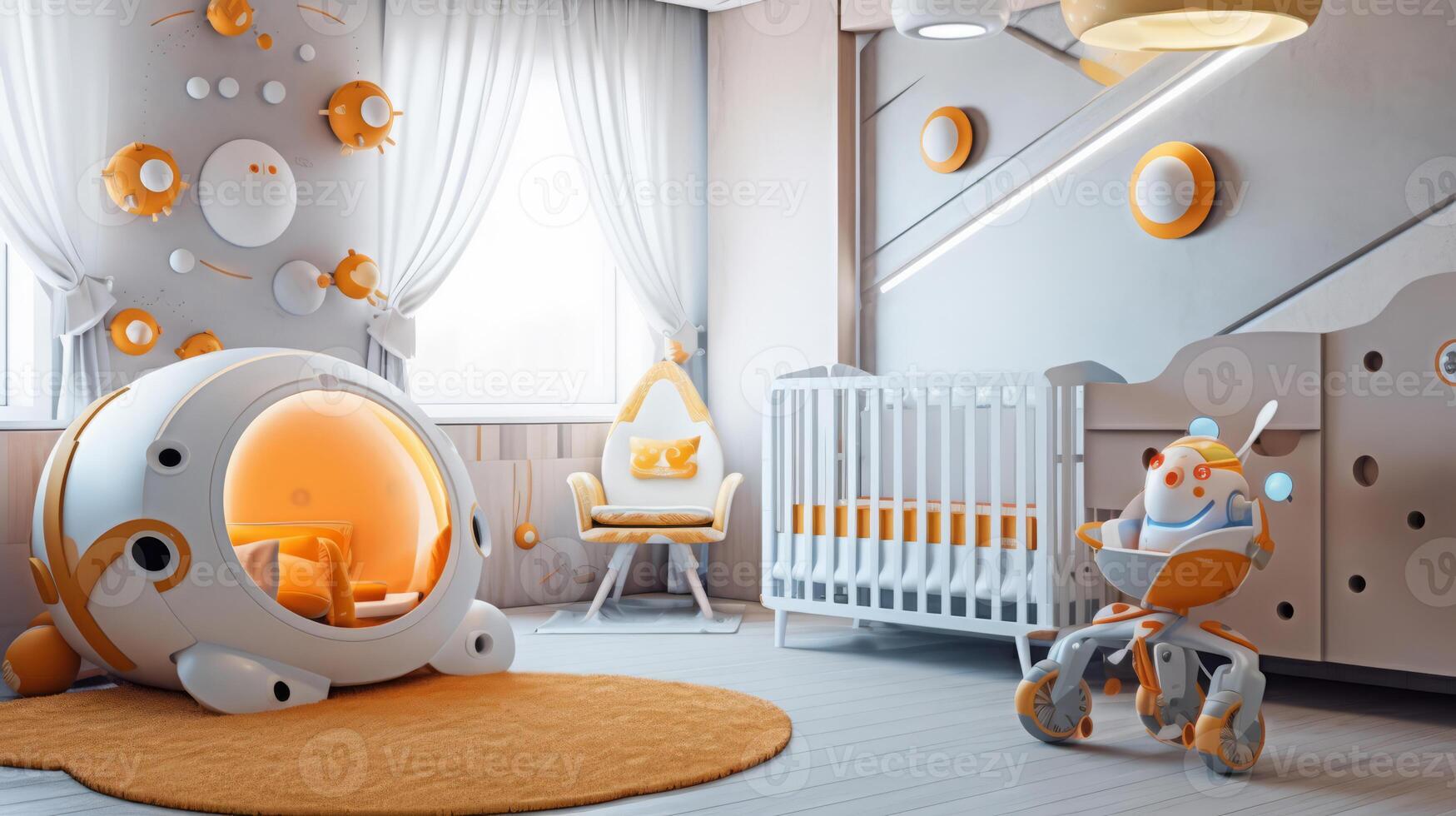 Nursery room of a beautiful futuristic design. AI Generated. photo