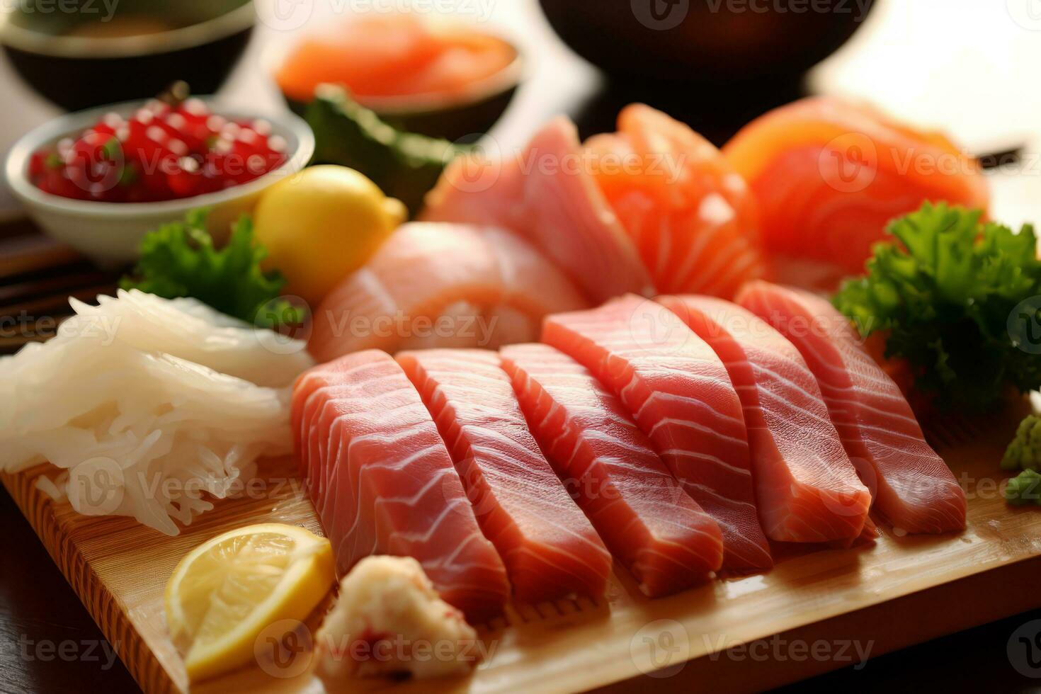 Close-up top view of ingredients Sashimi SET, Salmon, Tuna, Japanese food. AI Generated. photo
