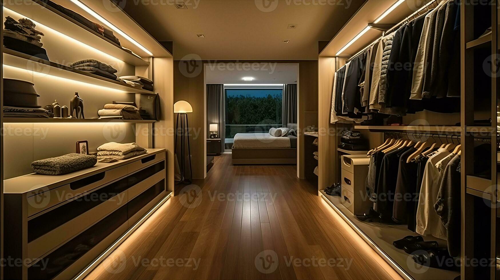 The Walk-in Closet room of a beautiful bright modern style house. AI Generated. photo