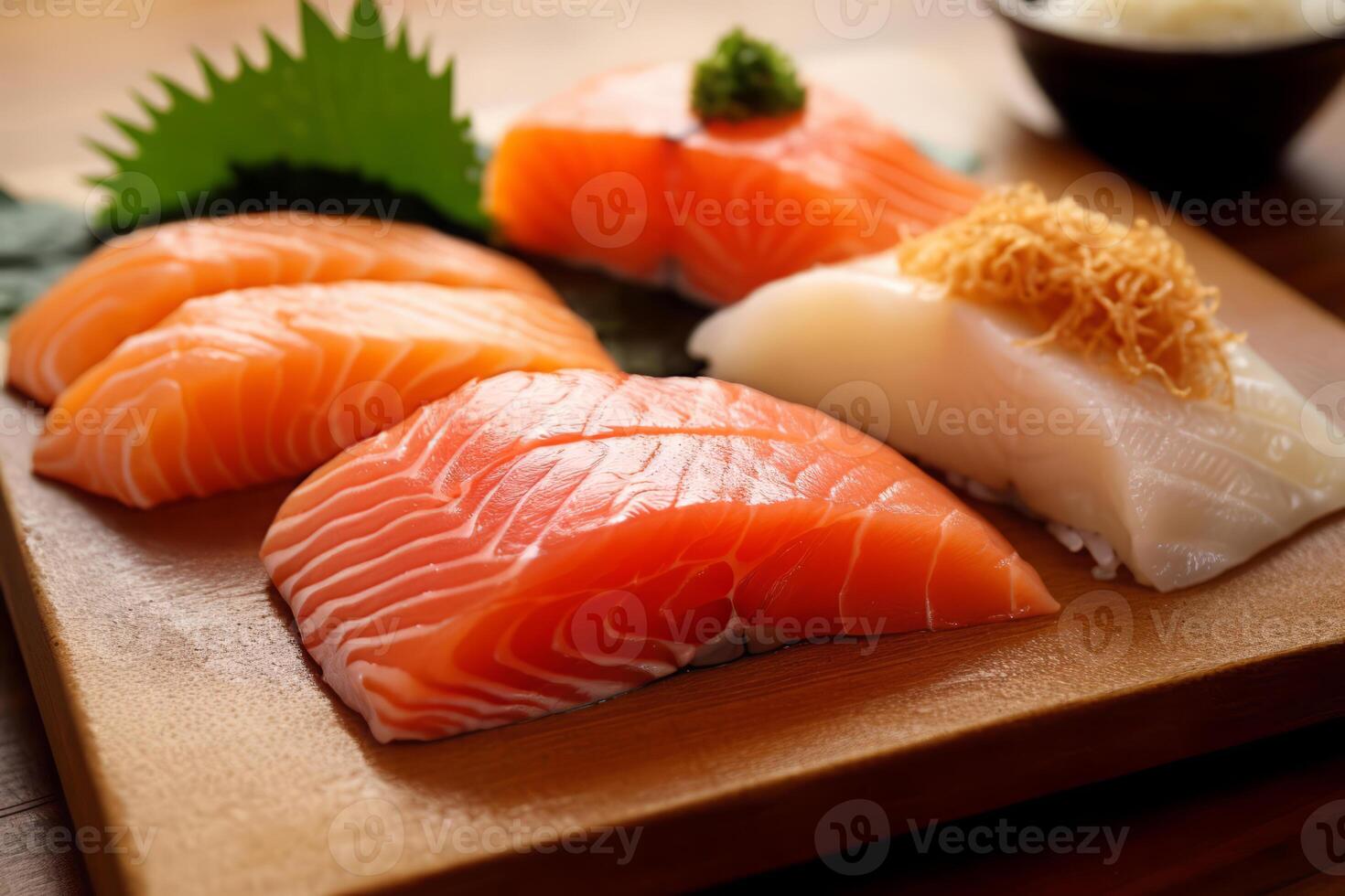 Close-up top view of ingredients Sashimi SET, Salmon, Tuna, Japanese food. . photo