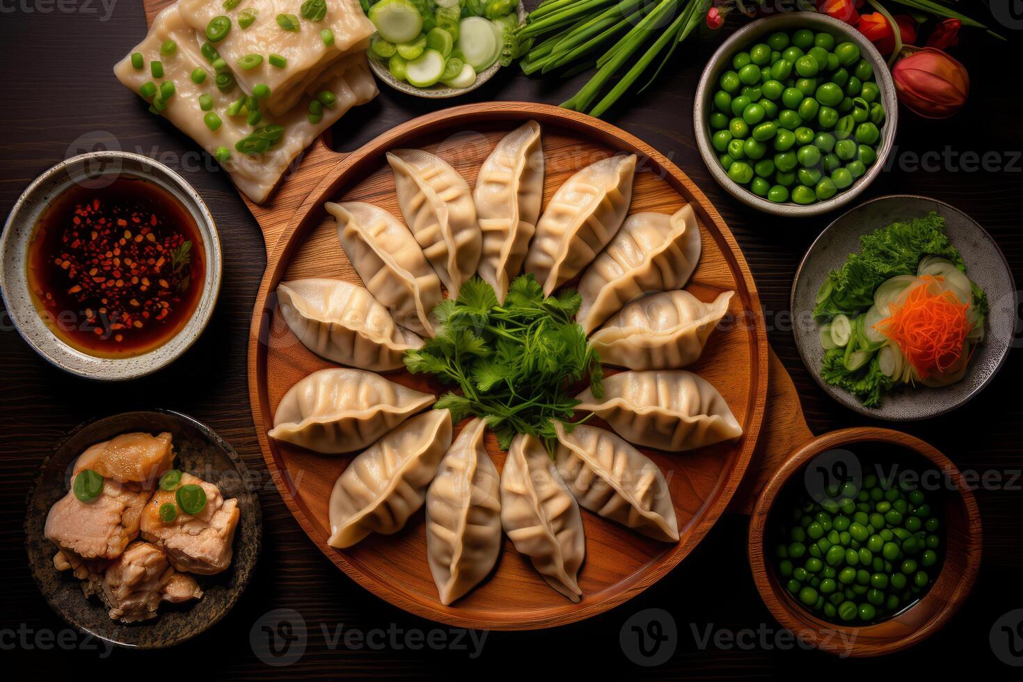 Close-up top view of ingredients Classic Gyoza Pork, Japanese food. . photo