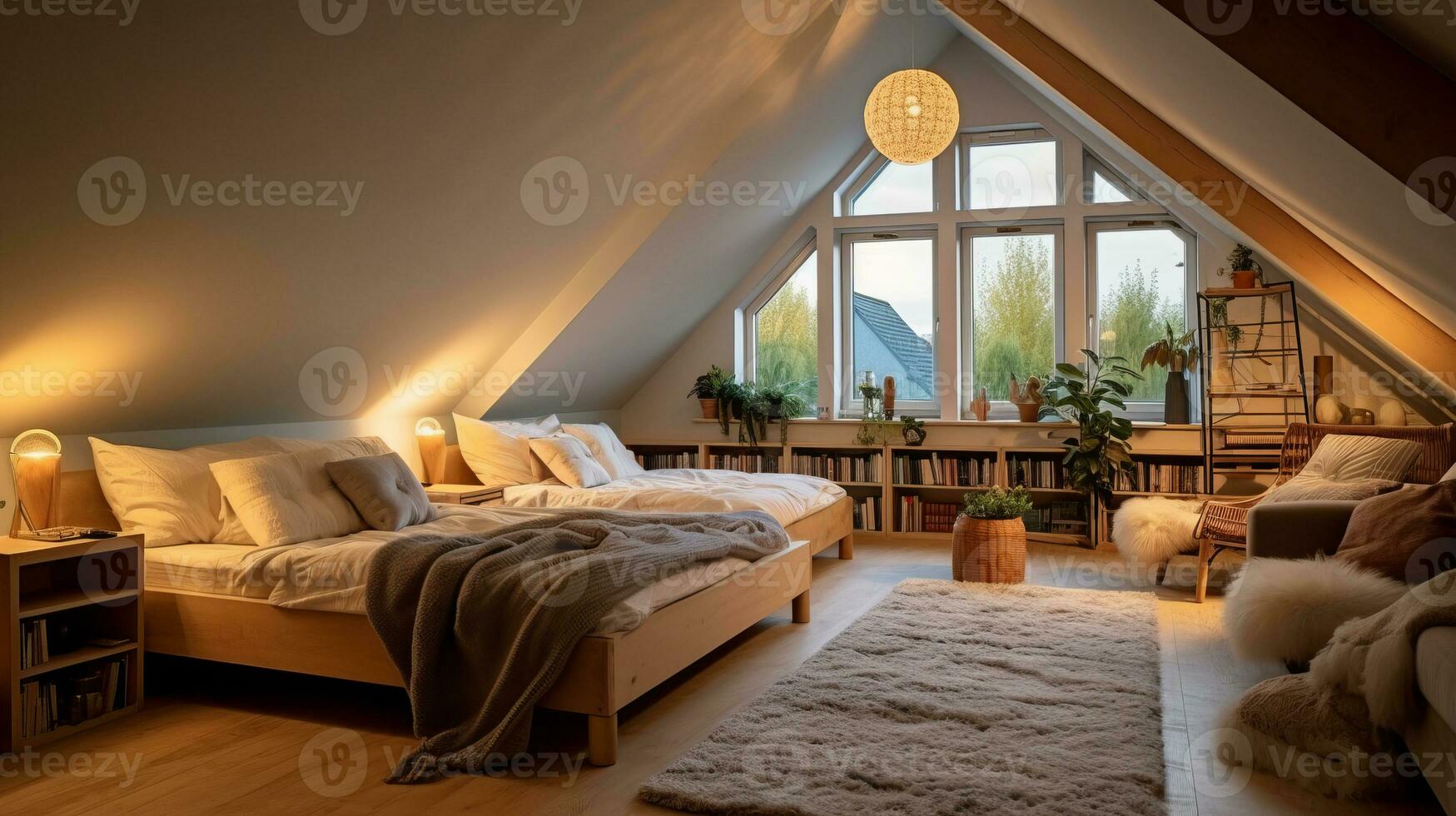Attic room of a beautiful bright modern style house. AI Generated. photo