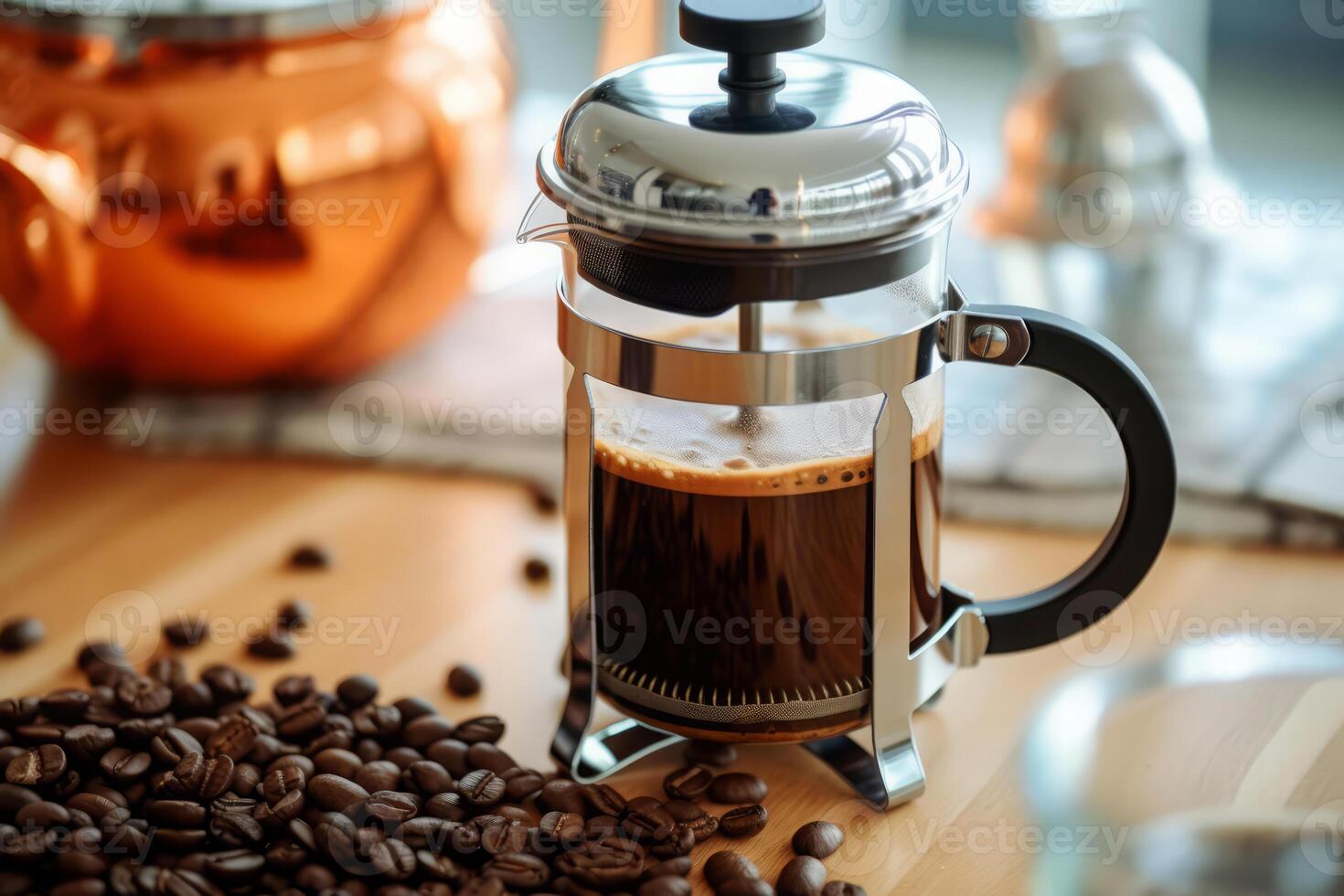Close-up top view of ingredients French press, Coffee. . photo