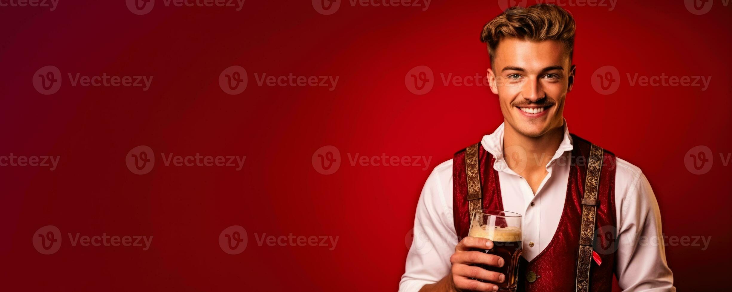 Young man in traditional German clothes with beer on solid red background photo