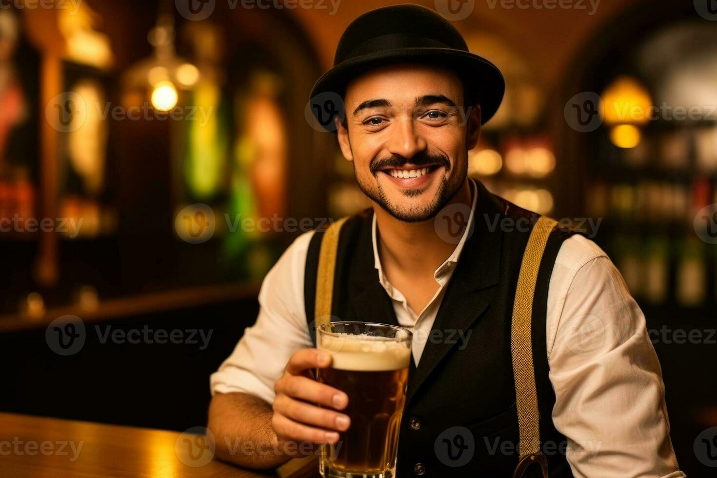 Young man in traditional German clothes with beer on solid yellow background photo