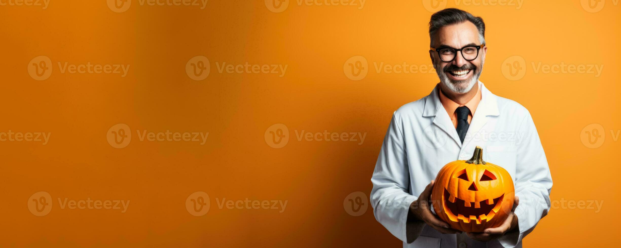 Environmental Scientist with a Halloween pumpkin on a solid background with empty space for text photo