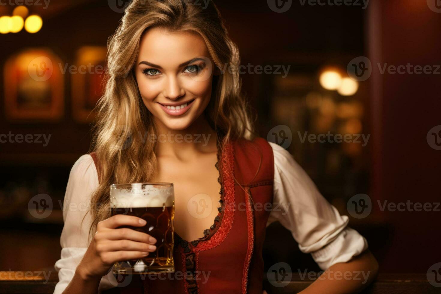 Young woman in traditional German clothes with beer on solid red background photo