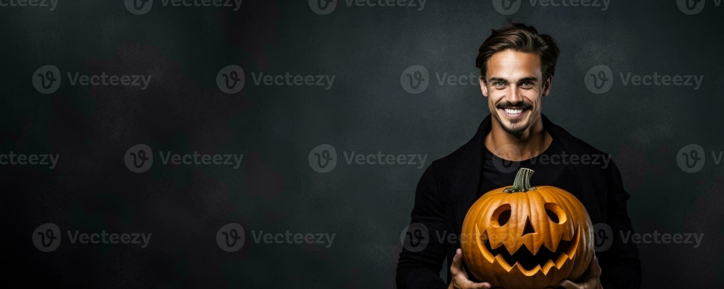 Actor with a Halloween pumpkin on a solid background with empty space for text photo