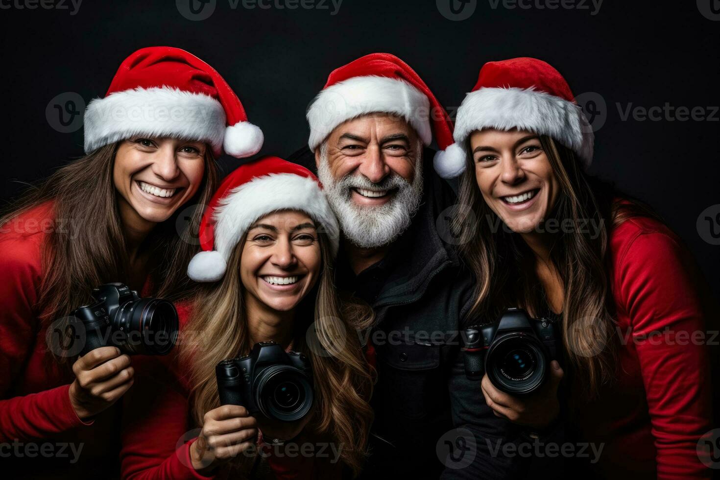 Team of photographers on Christmas photo in santa hat