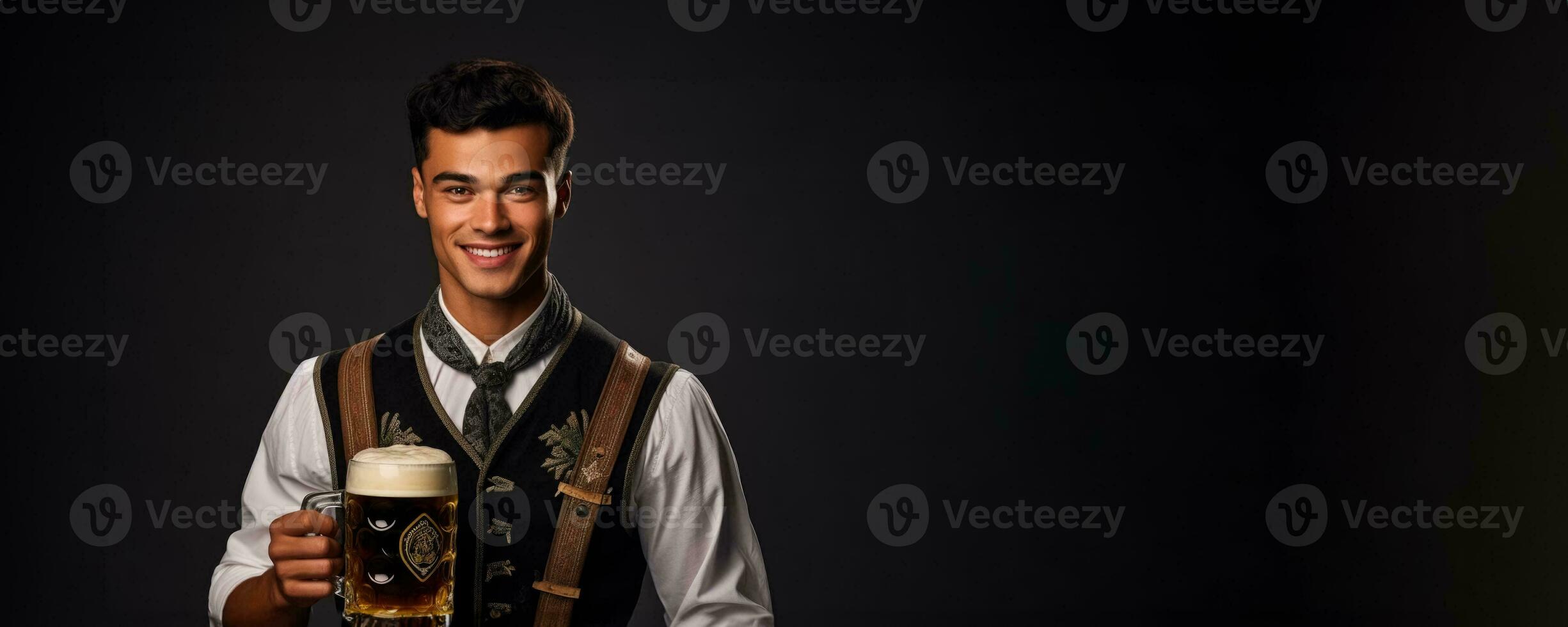 Young man in traditional German clothes with beer on solid gray background photo