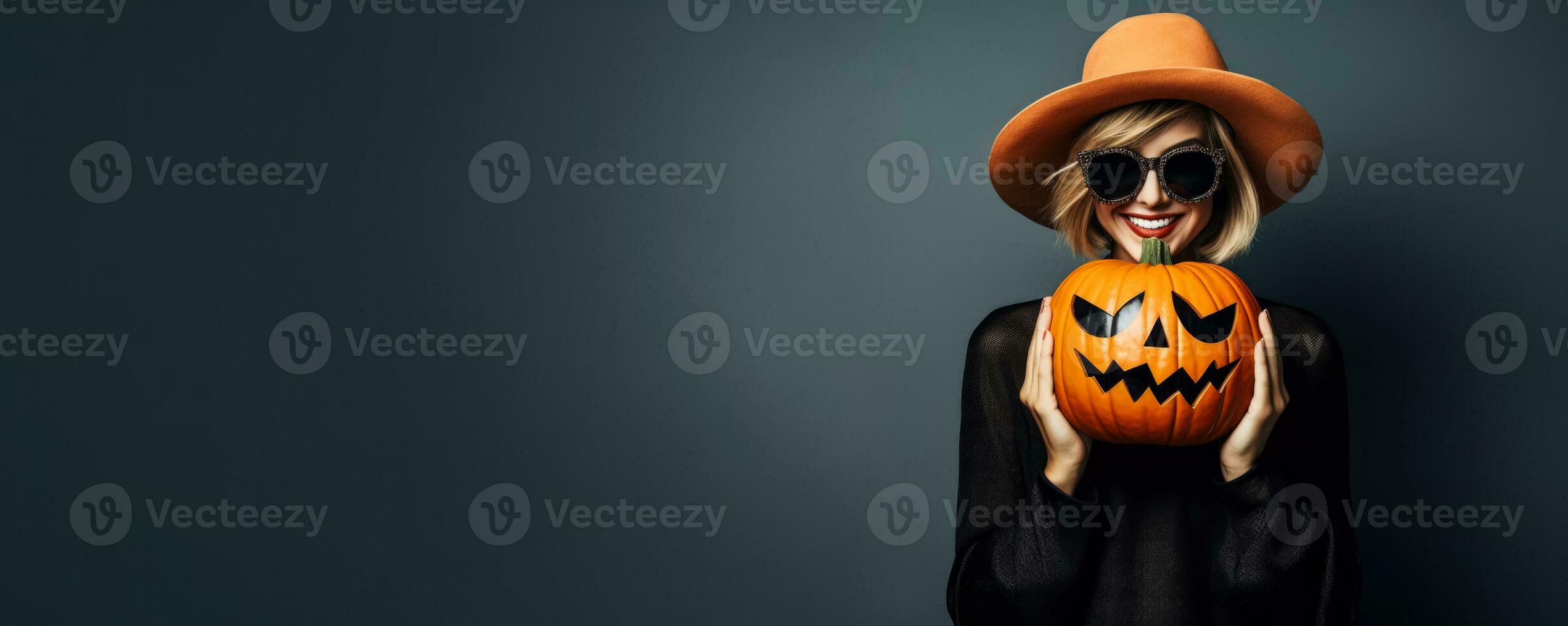 Fashion Designer with a Halloween pumpkin on a solid background with empty space for text photo