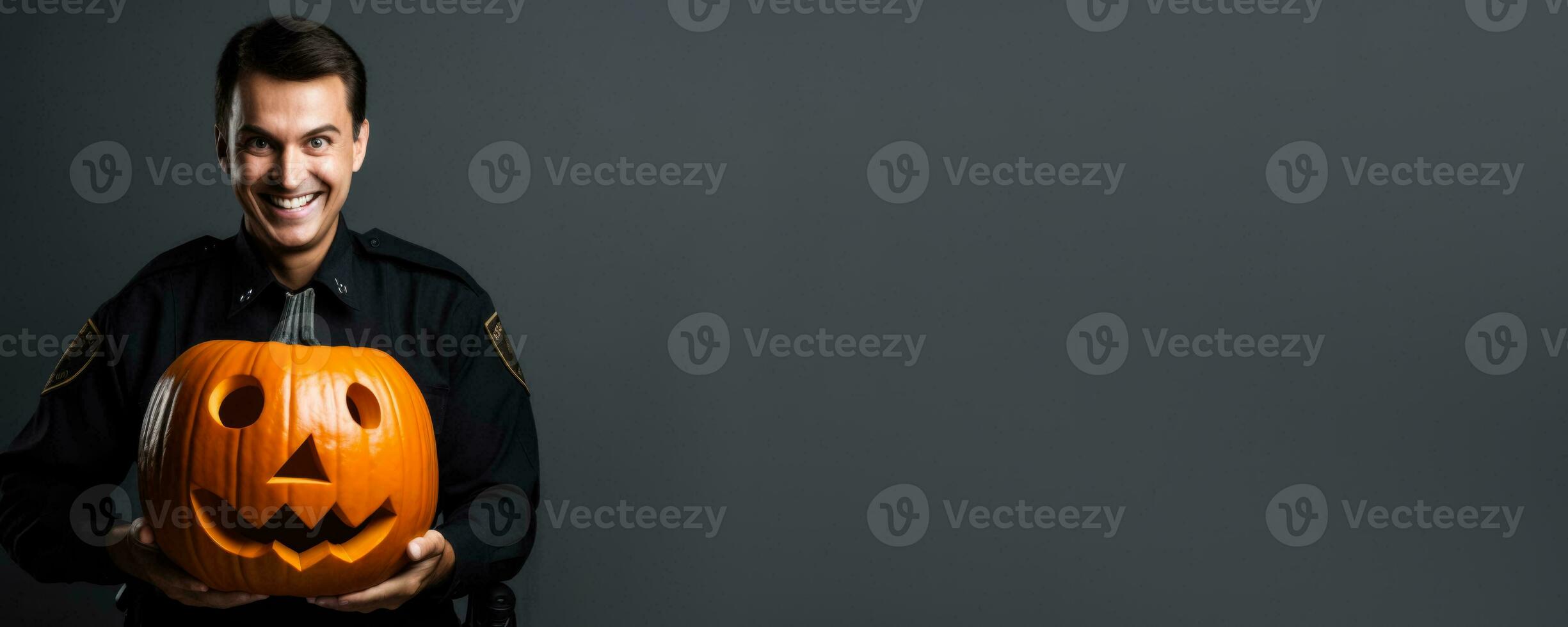 Police Officer with a Halloween pumpkin on a solid background with empty space for text photo