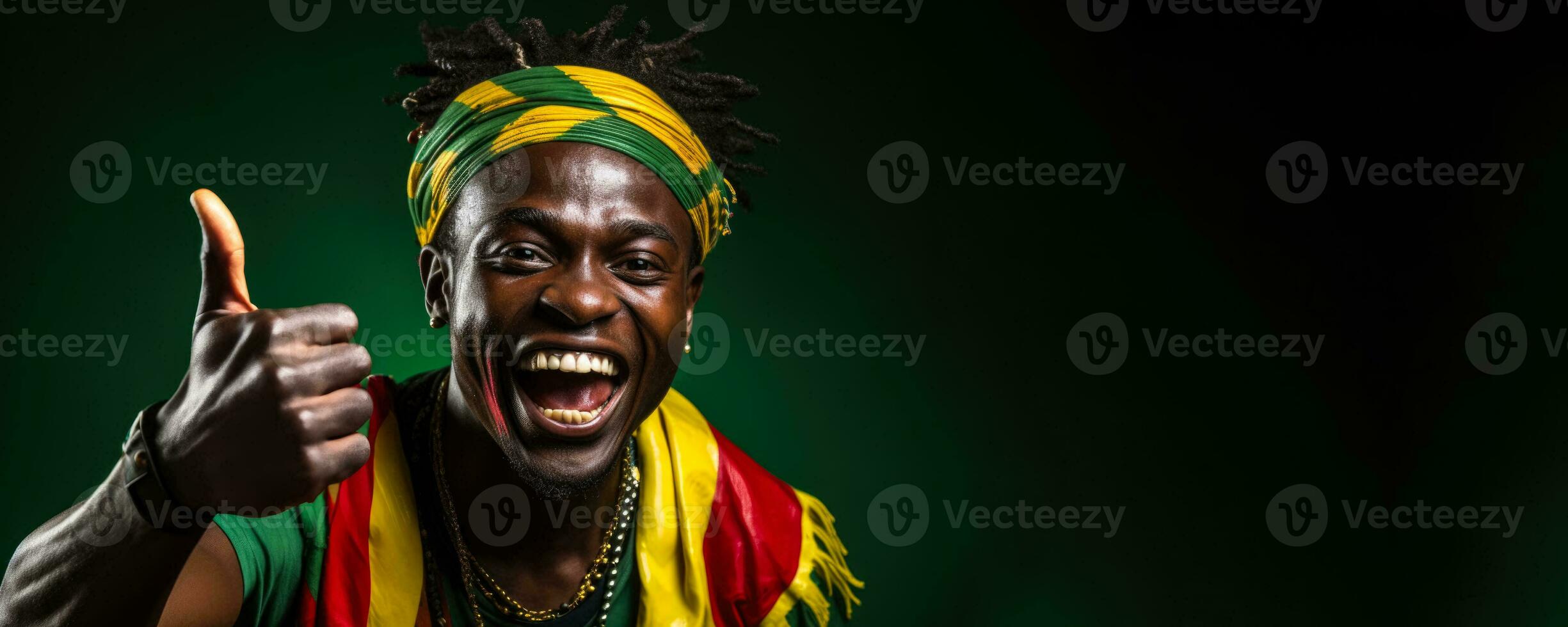 Senegalese football fan celebrating a victory on green yellow and red background with empty space for text photo