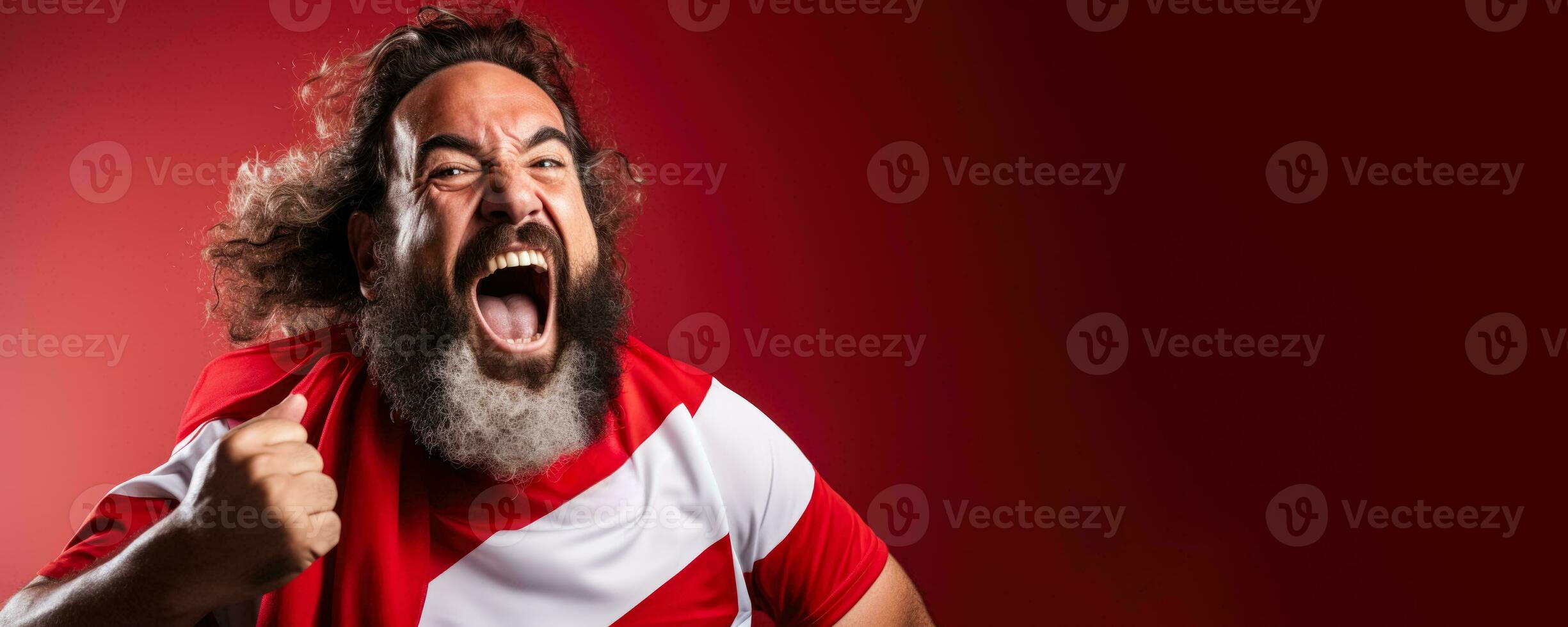 Tunisian football fan celebrating a victory on red and white background with empty space for text photo