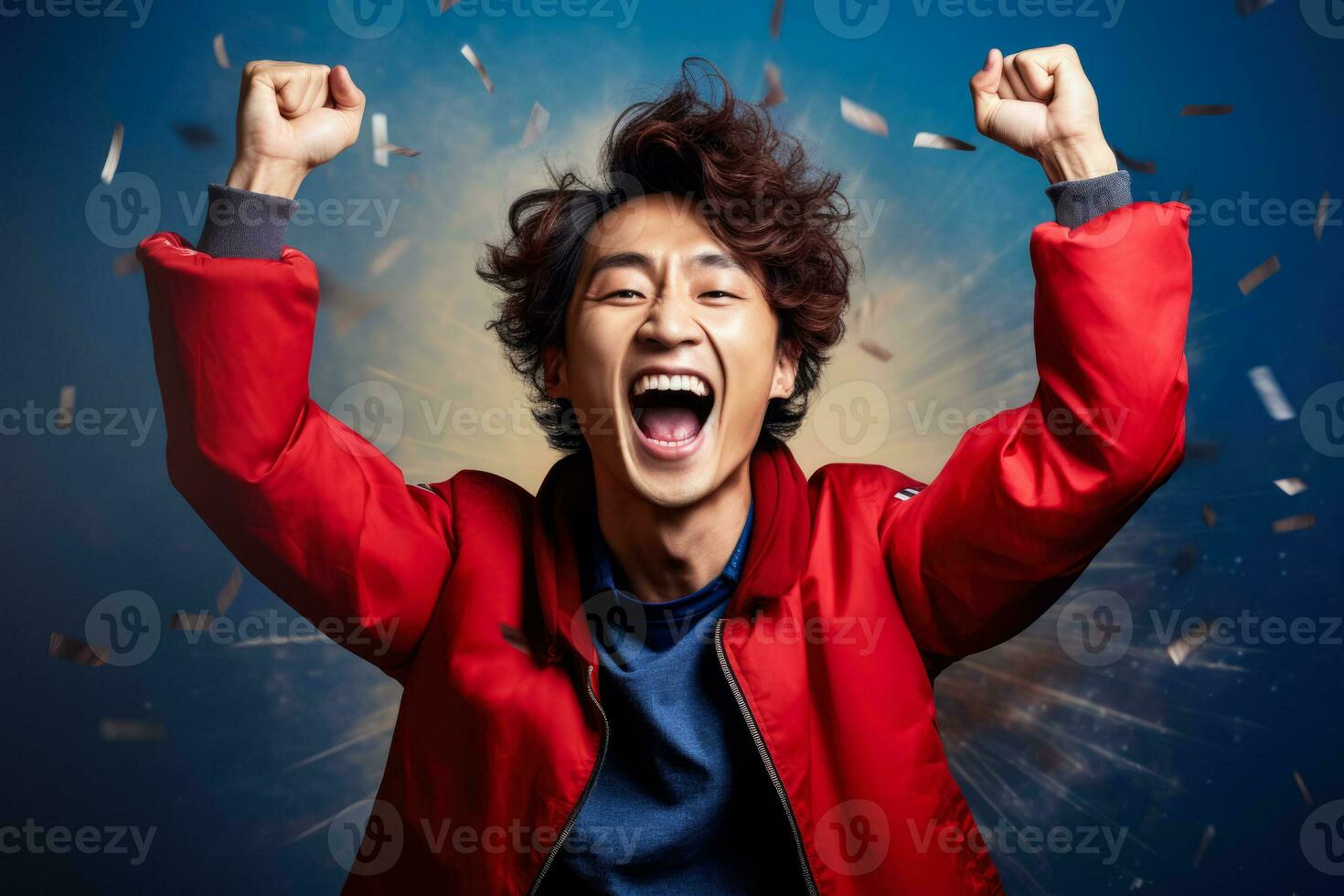 Korean football fan celebrating a victory on red and blue background with empty space for text photo