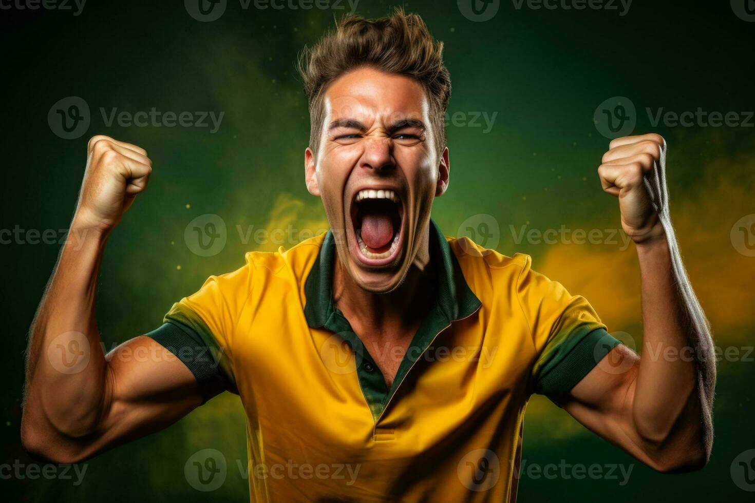 Australian football fan celebrating a victory on green and gold background with empty space for text photo