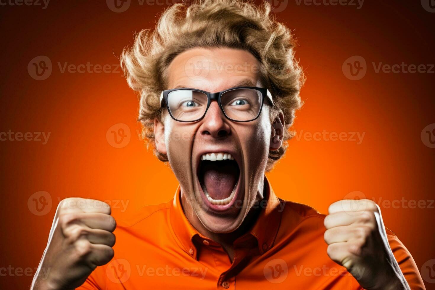 Danish football fan celebrating a victory on red and white background with empty space for text photo