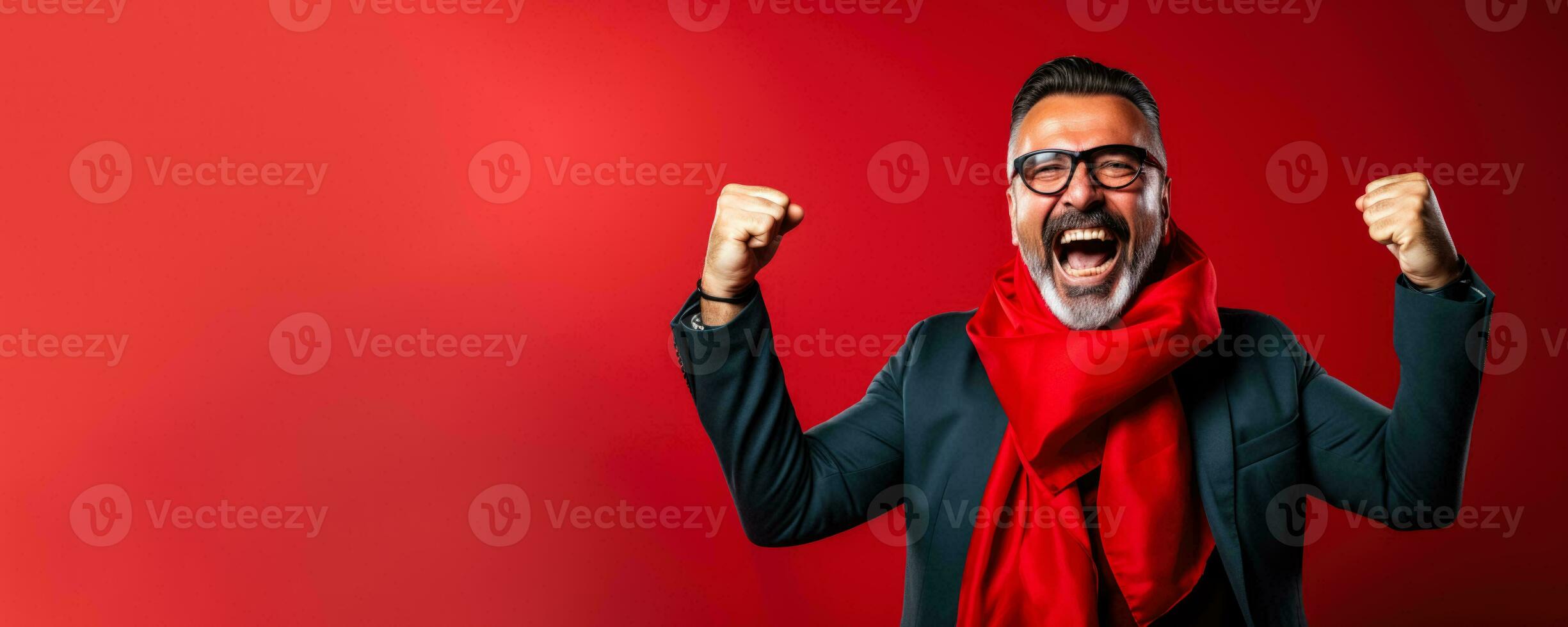 Turkish football fan celebrating a victory on red background with empty space for text photo