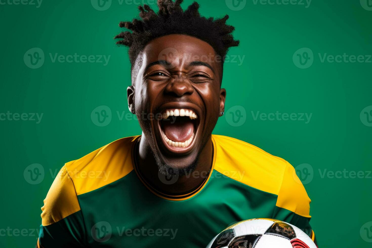 Senegalese football fan celebrating a victory on green yellow and red background with empty space for text photo