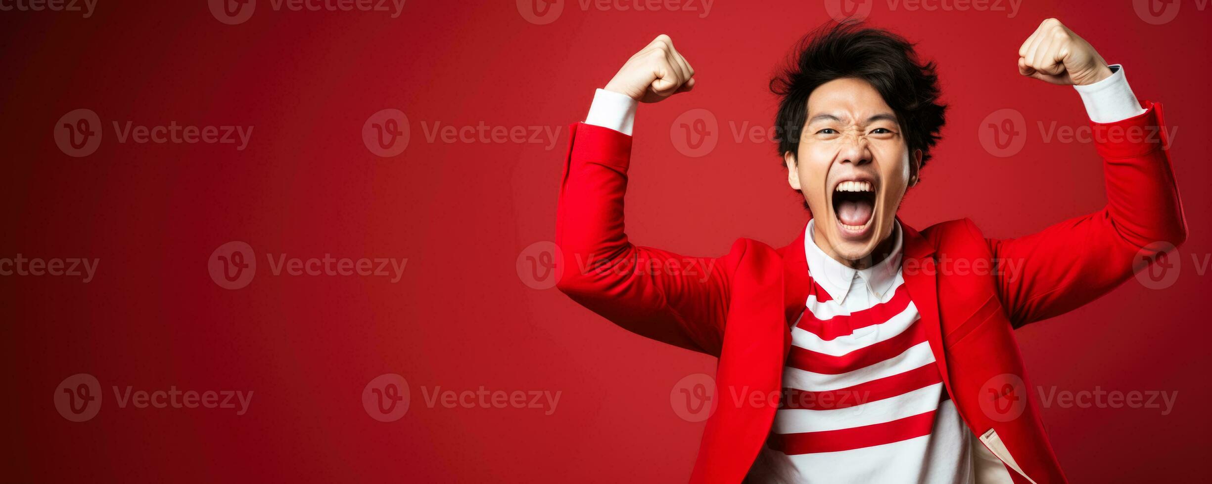 Japanese football fan celebrating a victory on red and white background with empty space for text photo