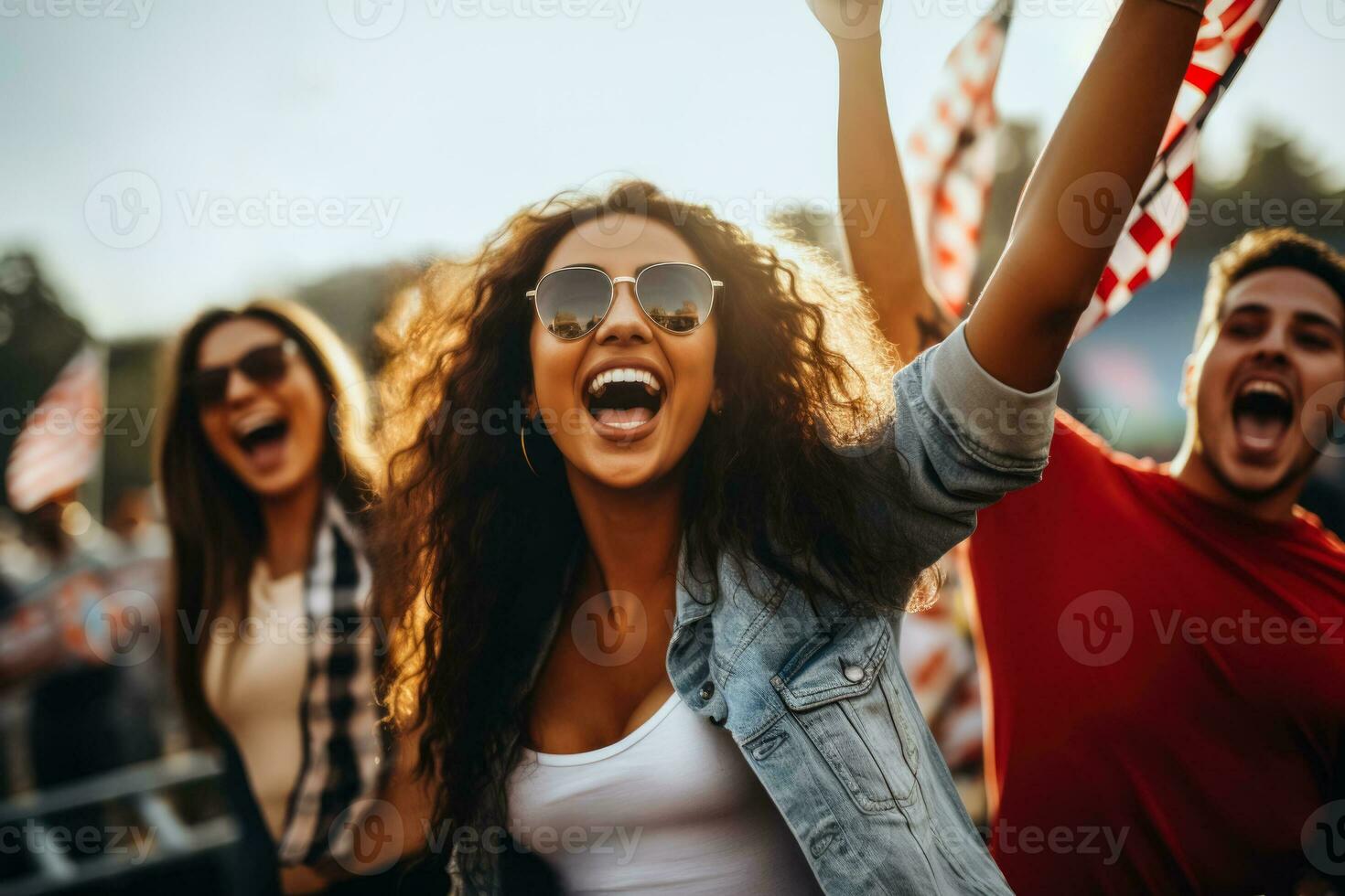 Car racing fans celebrating a checkered flag victory photo