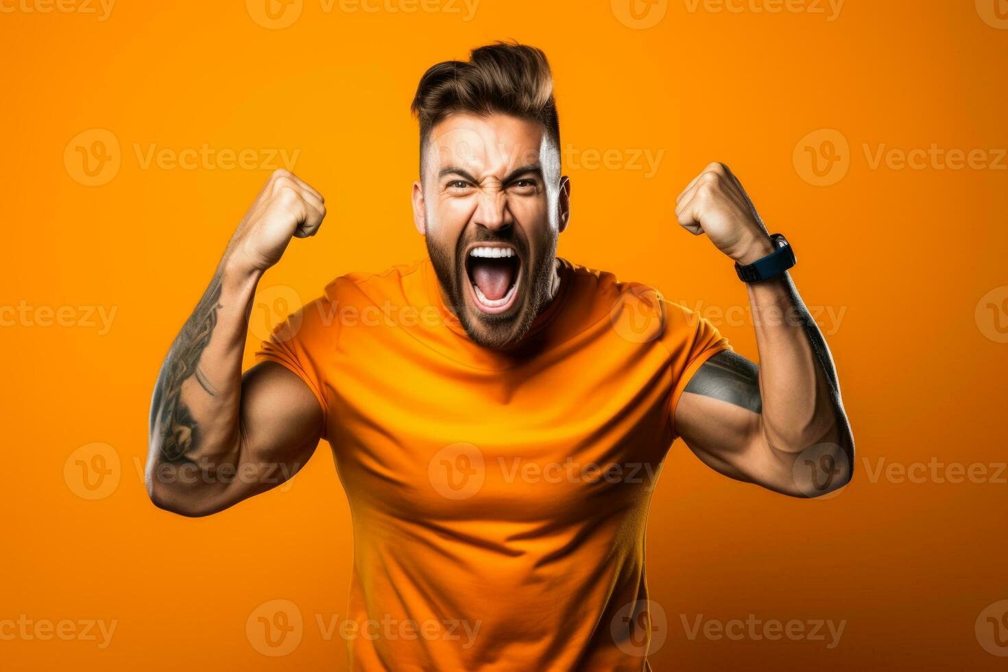 American football fan celebrating a victory on orange background with empty space for text photo