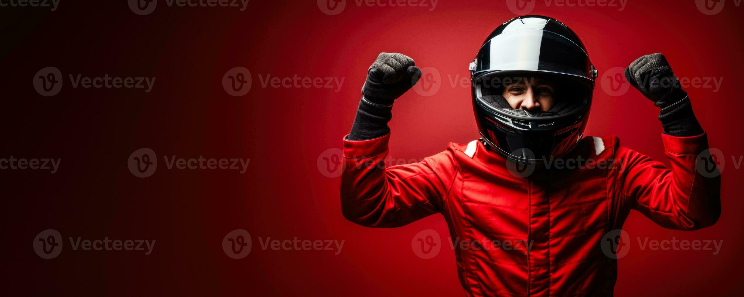Car racing driver celebrating a first-place finish with a victory lap on red background with empty space for text photo