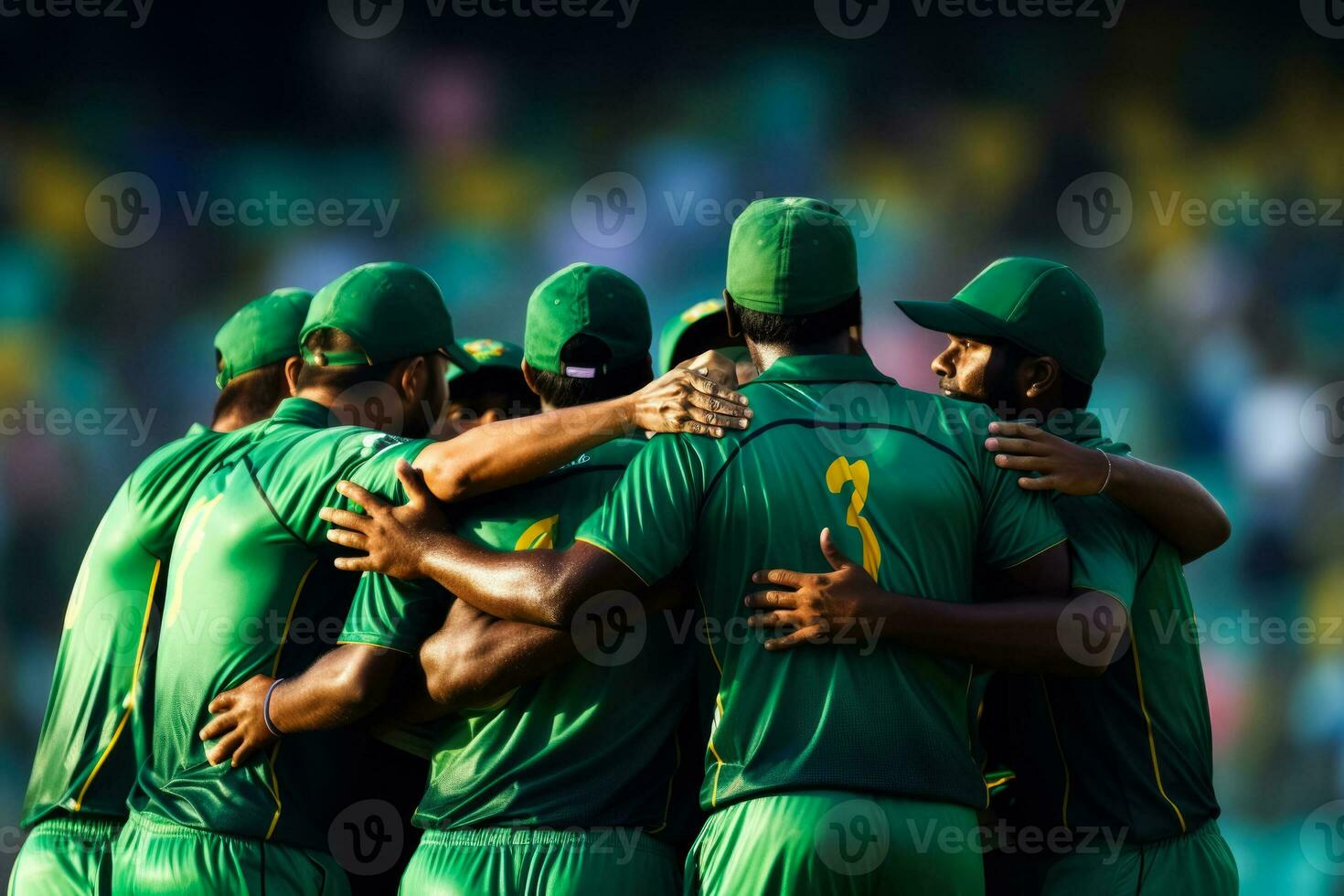 Cricket team celebrating a decisive wicket on green background with empty space for text photo
